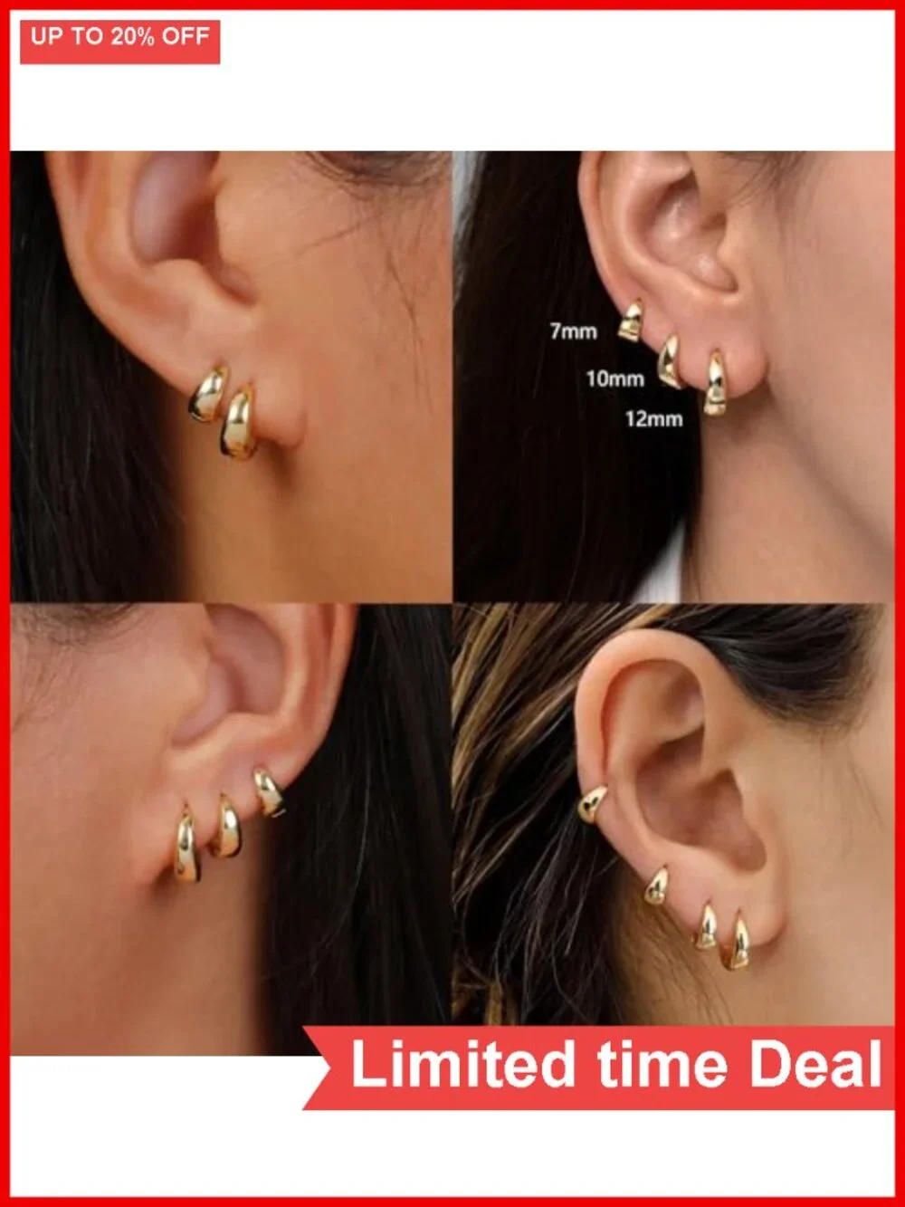 14K Gold Plated 4 Pair Huggie Hoop Earrings Set